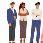 Business People Male and Female Characters Team Stand Together. Businessmen and Businesswomen Joyful Managers Colleagues, Creative Teamworking Group, Office Employees. Cartoon Vector Illustration